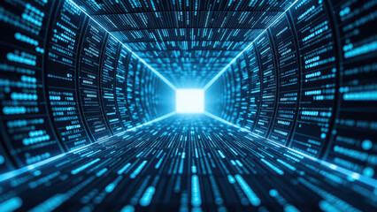 Futuristic tunnel with glowing blue data streams, representing technology and digital information flow
