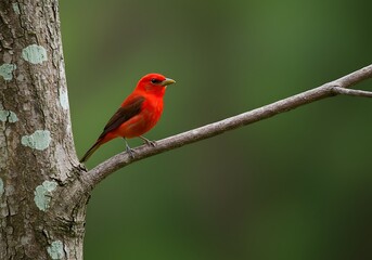 Vibrant red bird with a yellow beak perched on a tree branch against a soft green natural background.