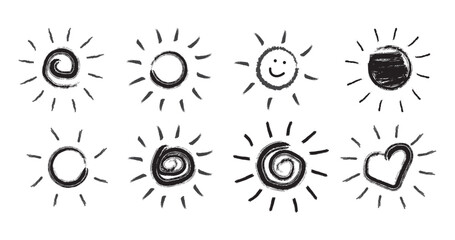 Eight hand drawn sun icons with different designs in black and white on a white background, doodle sun set