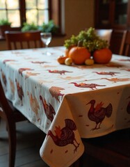 Dinner tablecloth with Thanksgiving colors and turkey theme printed on it