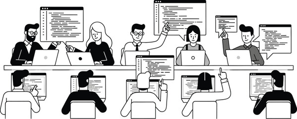 Illustration of a diverse team of software developers collaborating on coding projects, working on laptops and desktop computers, symbolizing teamwork and innovation in a modern tech company isolated 