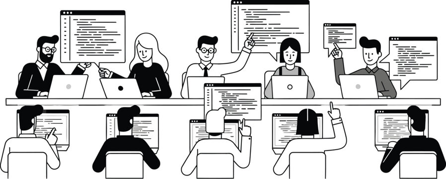 Illustration of a diverse team of software developers collaborating on coding projects, working on laptops and desktop computers, symbolizing teamwork and innovation in a modern tech company isolated 