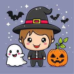 A charming Halloween scene featuring a cute boy dressed as a witch alongside his spooky friends, a ghost and a pumpkin