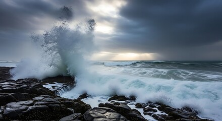 Ocean Fury - Waves Crashing on Rocky Shore Under Stormy Sky.