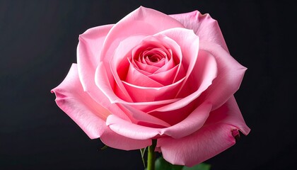 A close-up captures a beautiful pink rose in full bloom against a stark black backdrop, highlighting its delicate petals