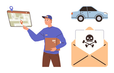Courier holding a package points at a map, blue car icon and envelope with skull symbol. Ideal for logistics, delivery service, navigation, cybersecurity, online scams, email risks, simple flat