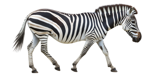 A side profile of a zebra with distinct black and white stripes walking gracefully