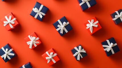 Obraz premium Festive presents in neat rows, vibrant hues and crisp white bows create a cheerful, gift-giving mood. Perfect for holidays, celebrations, and sharing joy.