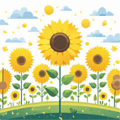 Cheerful sunflower field illustration with blue sky and white background
