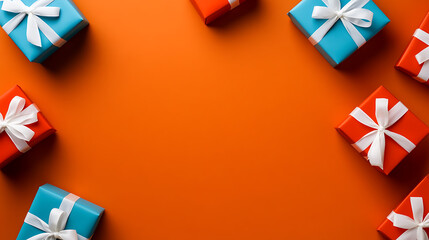 Festive gifts are arranged around the orange scene. The perfect presents for the most fantastic season. Giving is better than receiving.