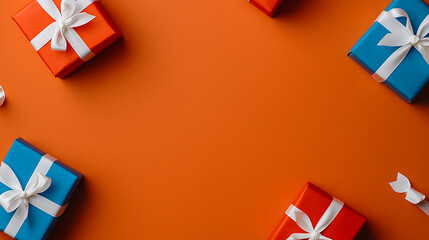 Obraz premium Gifts on Orange: A vibrant spread of wrapped presents in blue and red with white ribbons creates a festive, eye-catching arrangement on a bright orange backdrop.