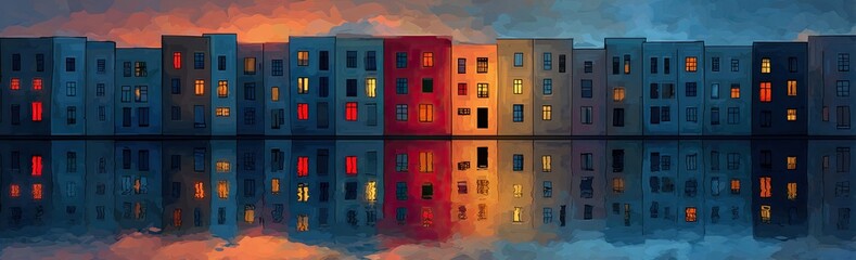 Naklejka premium Cityscape reflected in a calm body of water at twilight. Colorful buildings with lit windows