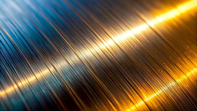 Closeup abstract view of parallel lines with a golden light reflecting on a metallic surface, creating a sense of depth and motion with a blend of cool blue and warm yellow tones