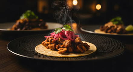 Steaming Gourmet Taco with Pickled Red Onions and Cilantro, Authentic Mexican Cuisine on a Dark Plate