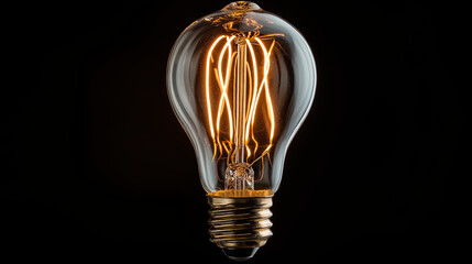 A glowing vintage Edison bulb hanging in a dark room, with a warm light and blurred lights in the background. created by ai