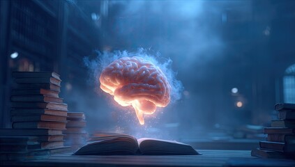 Illuminated brain floating over an open book in a dimly lit library