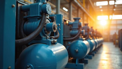 Row of large blue industrial air compressors inside modern factory building. Machines connected with pipes, hoses for air supply. Sunlight fills industrial space, showing powerful equipment for