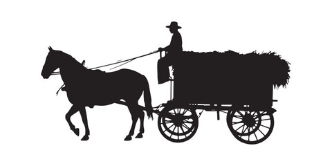 Silhouette of Horse Drawn Hay Wagon with Driver isolated on White