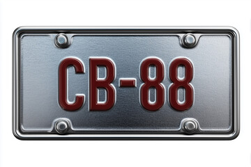 Custom car license plate with bold embossed numbers and letters, clean metallic finish, isolated on white background