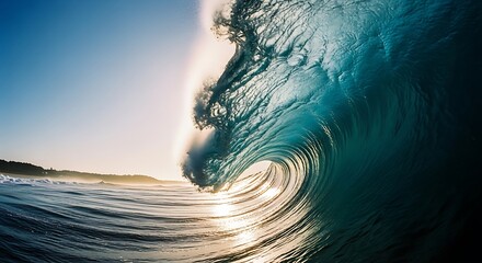 Ocean wave cresting with sunlight, capturing the power of nature.