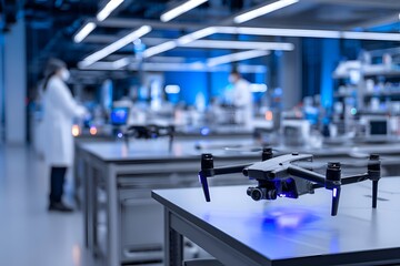 A high-tech drone on a lab table in a modern research facility with scientists working in the background