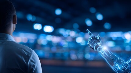 A person observing a futuristic robotic arm pointing towards a digital display in a tech environment