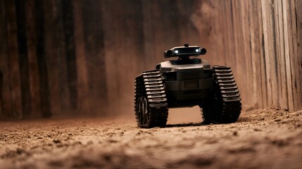A robotic tank traversing a dusty, confined space, showcasing advanced technology in a rugged environment
