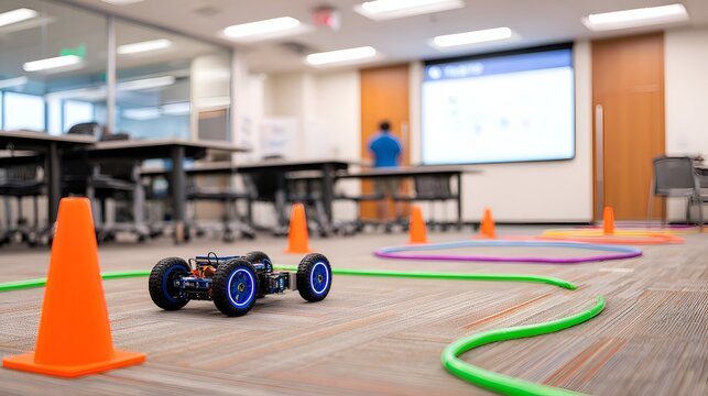 A remote-controlled car navigating an obstacle course in a modern office space with a presentation in the background - Powered by Adobe
