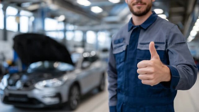 Expert mechanic gives thumbs up, highlighting a pristine car hood in a workshop setting, showcasing maintenance readiness.