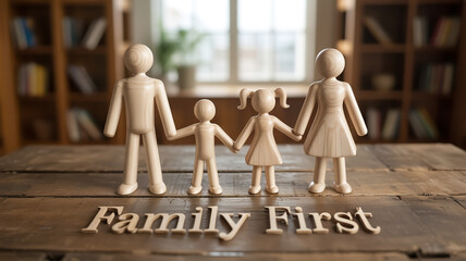 A photograph of wooden family figurines arranged in a line on a weathered wooden surface.