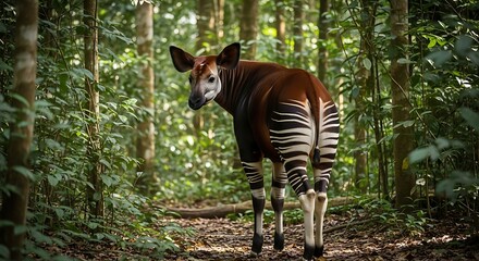 Okapi in Lush Forest - A Glimpse of Wildlifes Beauty and Mystery.