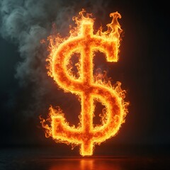 Fiery dollar sign burns brightly against dark background. Dynamic flames swirl money ablaze. Financial risks concepts, high inflation topics shown. Currency market crisis visualized for business news.