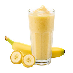 Refreshing Banana Smoothie with Fresh Fruit and Creamy Topping, isolated on white background, PNG Format.