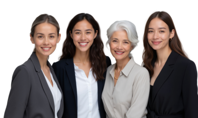 Confident and diverse businesswomen smiling, representing teamwork, isolated on white background