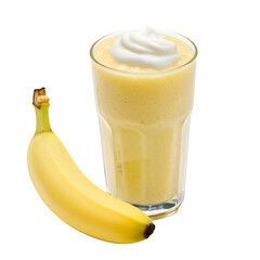 Refreshing Banana Smoothie with Fresh Fruit and Creamy Topping, isolated on white background, PNG Format.
