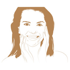 This is an illustration of a smiling woman with long hair gently touching her cheeks with both hands. Her expression is joyful and radiant.