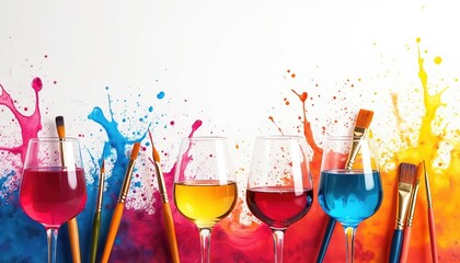 Vibrant illustration shows wine glasses, paintbrushes, color paint splashes on white background. Art, wine event, creative workshop, social gathering concept. Leisure hobby, party fun, modern