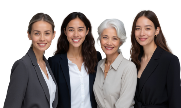 Confident and diverse businesswomen smiling, representing teamwork, isolated on white background
