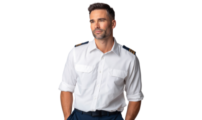 Confident male pilot in uniform looking thoughtfully away, isolated on white background