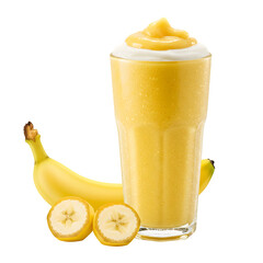 Refreshing Banana Smoothie with Fresh Fruit and Creamy Topping, isolated on white background, PNG Format.