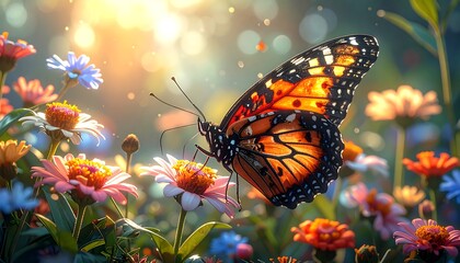 A close-up of a vibrant monarch butterfly on a pink flower, surrounded by other colorful flowers in a sunny garden setting