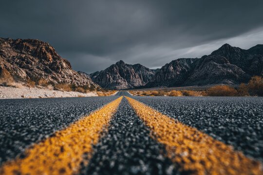 A road stretches into a mountainous landscape under a dramatic sky