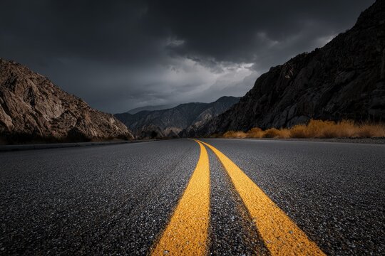 Road leading to a storm-darkened mountain pass