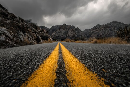 Road leading into a mountainous landscape under a stormy sky - Powered by Adobe