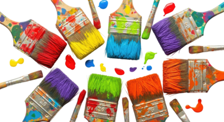 A collection of colorful paint brushes and paint splatters isolated cutout transparent png