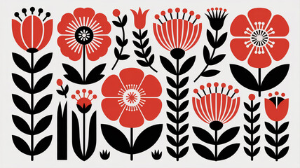 Scandinavian Folk Art Floral Pattern with Red Poppies and Black Botanical Silhouettes.