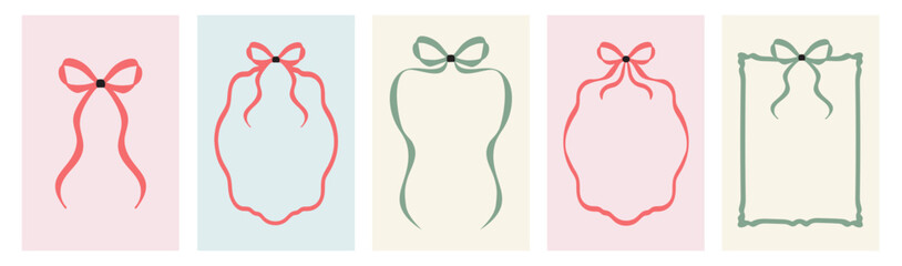 Merry Christmas and Happy New Year card set in a trendy retro hand-drawn doodle style. Features bows and ribbon frames. Perfect vector design for festive banners, posters, covers,and holiday templates