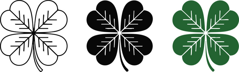 Minimalist illustration of three identical four leaf clover designs in outline, solid black, and green styles with clean symmetrical leaf details
