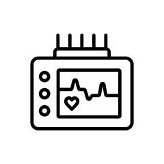 Cardiogram monitoring outline icon. Holter monitoring system. Heart beats symbol on screen. Cardiogram sign on white background. Vector simple illustration.