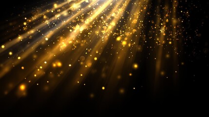 Magical golden light effect with bokeh and flying dust on a black background, glowing warmly like festive Christmas lights.